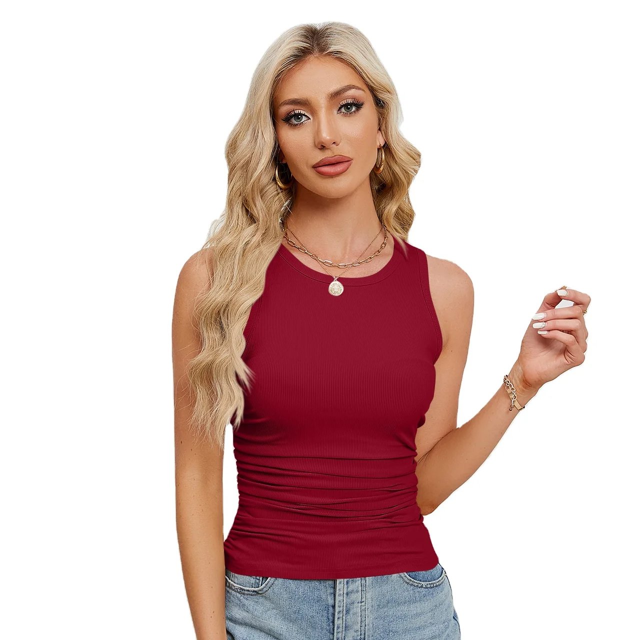 new product Hot sale pure color Sleeveless round-neck Rib Knit Fitted Side Women's Tank Top support custom top