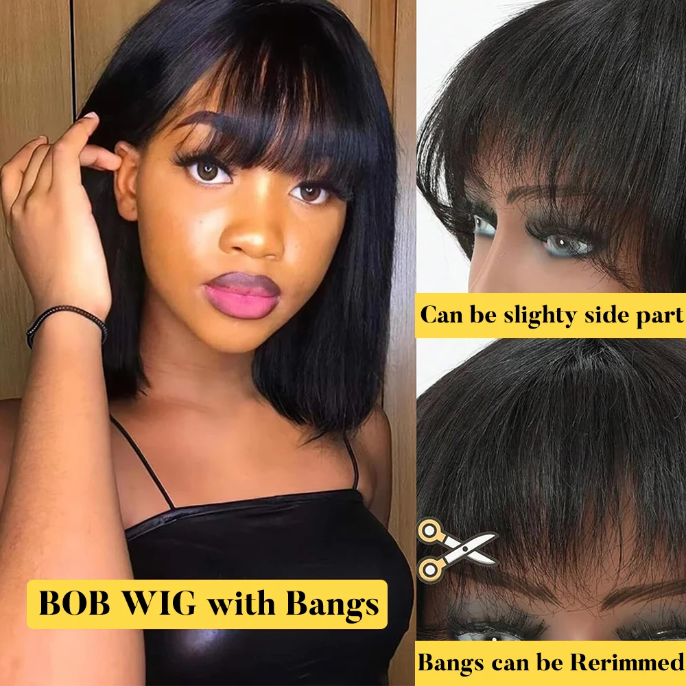 Wholesale Peruvian Short Bob Glueless Natural Human Hair Wigs Already Machine Made Wigs Raw Vietnamese Lace Bob Wigs With Bang