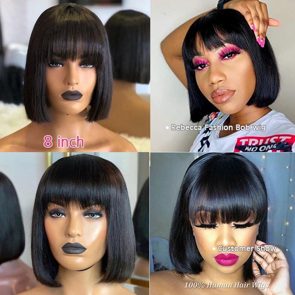 Wholesale Peruvian Short Bob Glueless Natural Human Hair Wigs Already Machine Made Wigs Raw Vietnamese Lace Bob Wigs With Bang