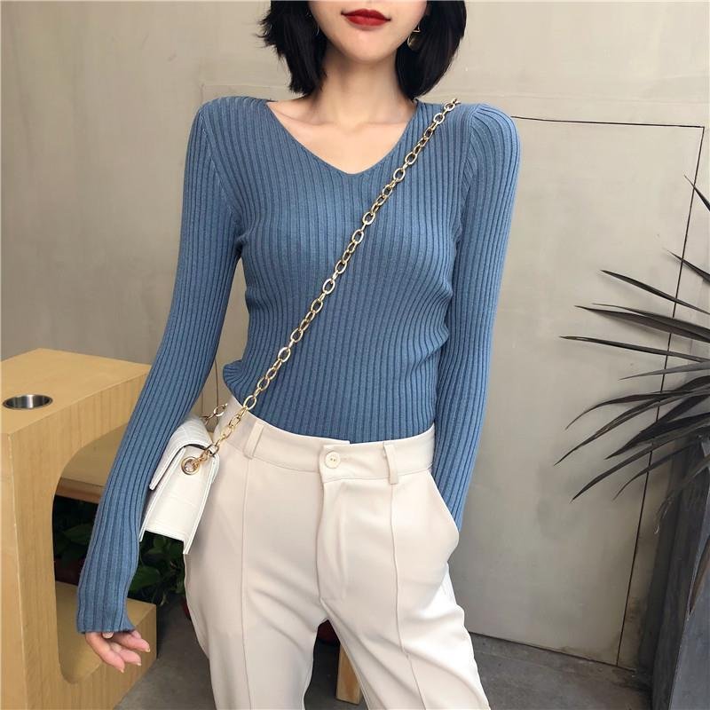 Basic V-neck Solid Thin Pullover Women Female Knitted Ribbed Sweater Slim Short Sleeve Bodycon Basic Sweater
