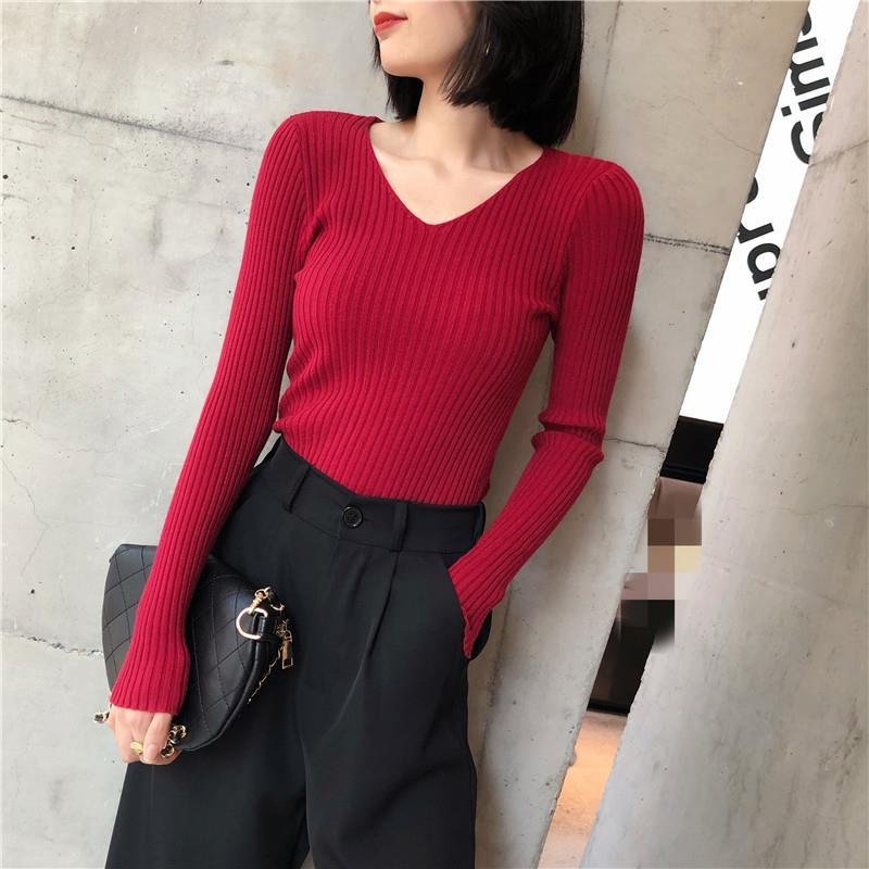 Basic V-neck Solid Thin Pullover Women Female Knitted Ribbed Sweater Slim Short Sleeve Bodycon Basic Sweater