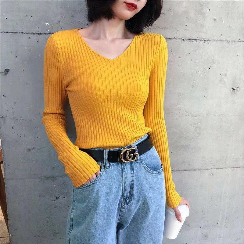 Basic V-neck Solid Thin Pullover Women Female Knitted Ribbed Sweater Slim Short Sleeve Bodycon Basic Sweater
