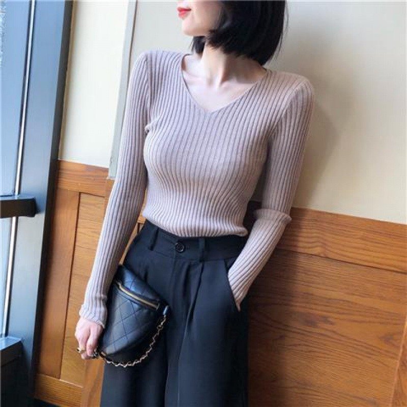 Basic V-neck Solid Thin Pullover Women Female Knitted Ribbed Sweater Slim Short Sleeve Bodycon Basic Sweater