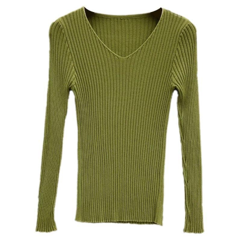 Basic V-neck Solid Thin Pullover Women Female Knitted Ribbed Sweater Slim Short Sleeve Bodycon Basic Sweater