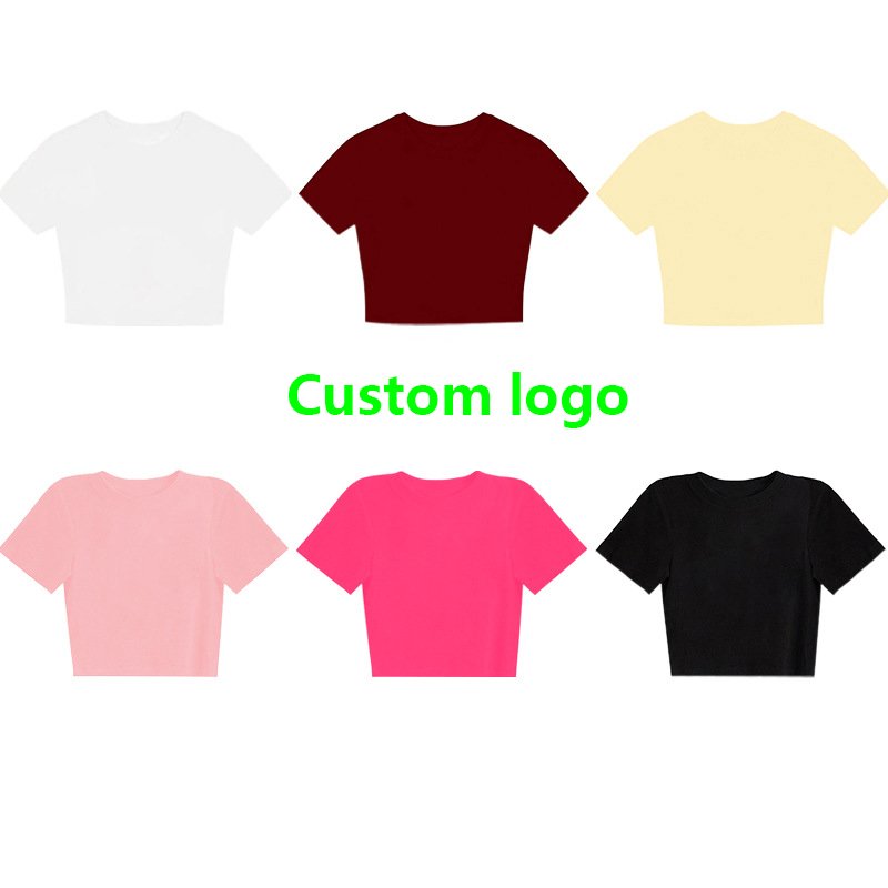 Customized embroidery short sleeved t-shirt for women's summer slim fit with exposed navel rib short crop top