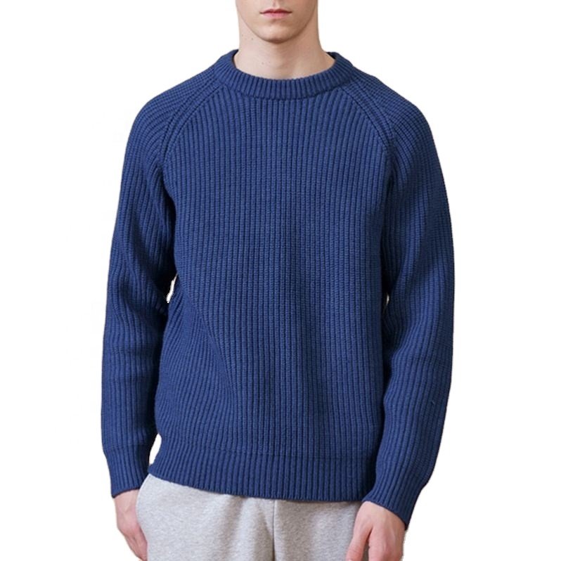 2024 Classic Vintage Thick Crewneck Solid Ribbed Knitted Pullover Jumper 100% Cotton Wool Knitwear Tops Sweater For Man