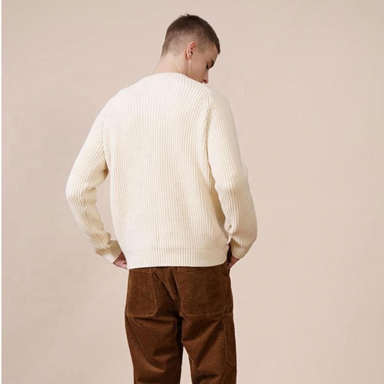 2024 Classic Vintage Thick Crewneck Solid Ribbed Knitted Pullover Jumper 100% Cotton Wool Knitwear Tops Sweater For Man