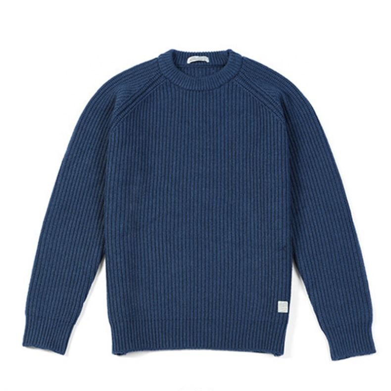 2024 Classic Vintage Thick Crewneck Solid Ribbed Knitted Pullover Jumper 100% Cotton Wool Knitwear Tops Sweater For Man