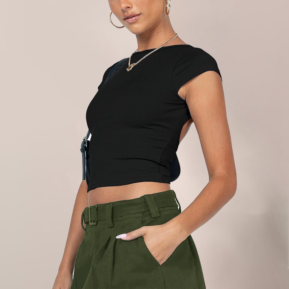 Women's Casual Short Sleeve Print Ribbed Knit Short Sleeve Crop Top T Shirts Backless Women's Blouses