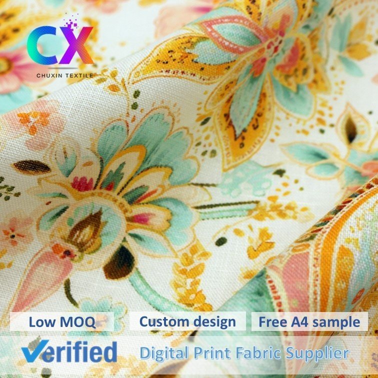 High quality lightweight floral design breathable sustainable 100% ramie woven digital printed fabrics for clothing