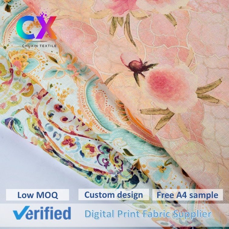High quality lightweight floral design breathable sustainable 100% ramie woven digital printed fabrics for clothing