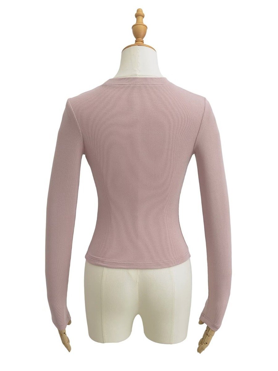 CNSHELL Crew Neck Basic Soft Cotton Slim Fit Pullover Elastic Cropped Micro Rib Long Sleeve Top For Women T Shirt