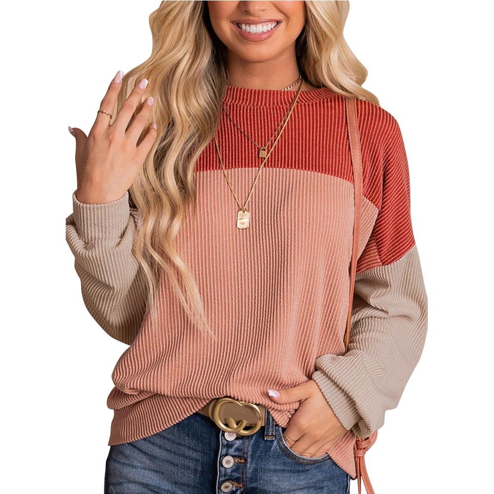 S4662 New Arrival Color Block Long Sleeve Ribbed Loose Top Women Pullover Sweater