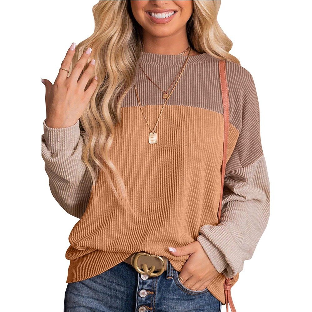 S4662 New Arrival Color Block Long Sleeve Ribbed Loose Top Women Pullover Sweater