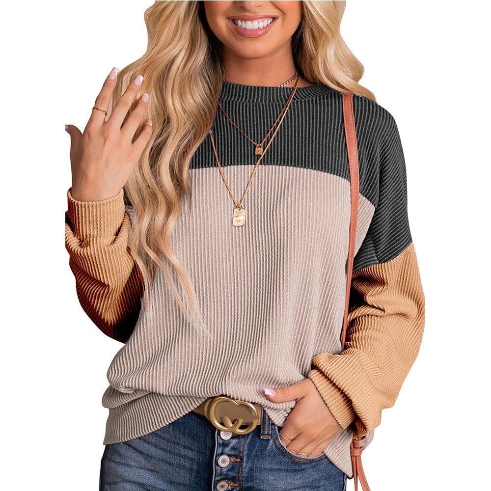 S4662 New Arrival Color Block Long Sleeve Ribbed Loose Top Women Pullover Sweater