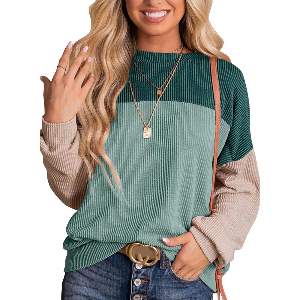 S4662 New Arrival Color Block Long Sleeve Ribbed Loose Top Women Pullover Sweater