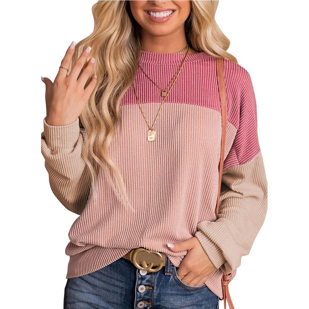 S4662 New Arrival Color Block Long Sleeve Ribbed Loose Top Women Pullover Sweater