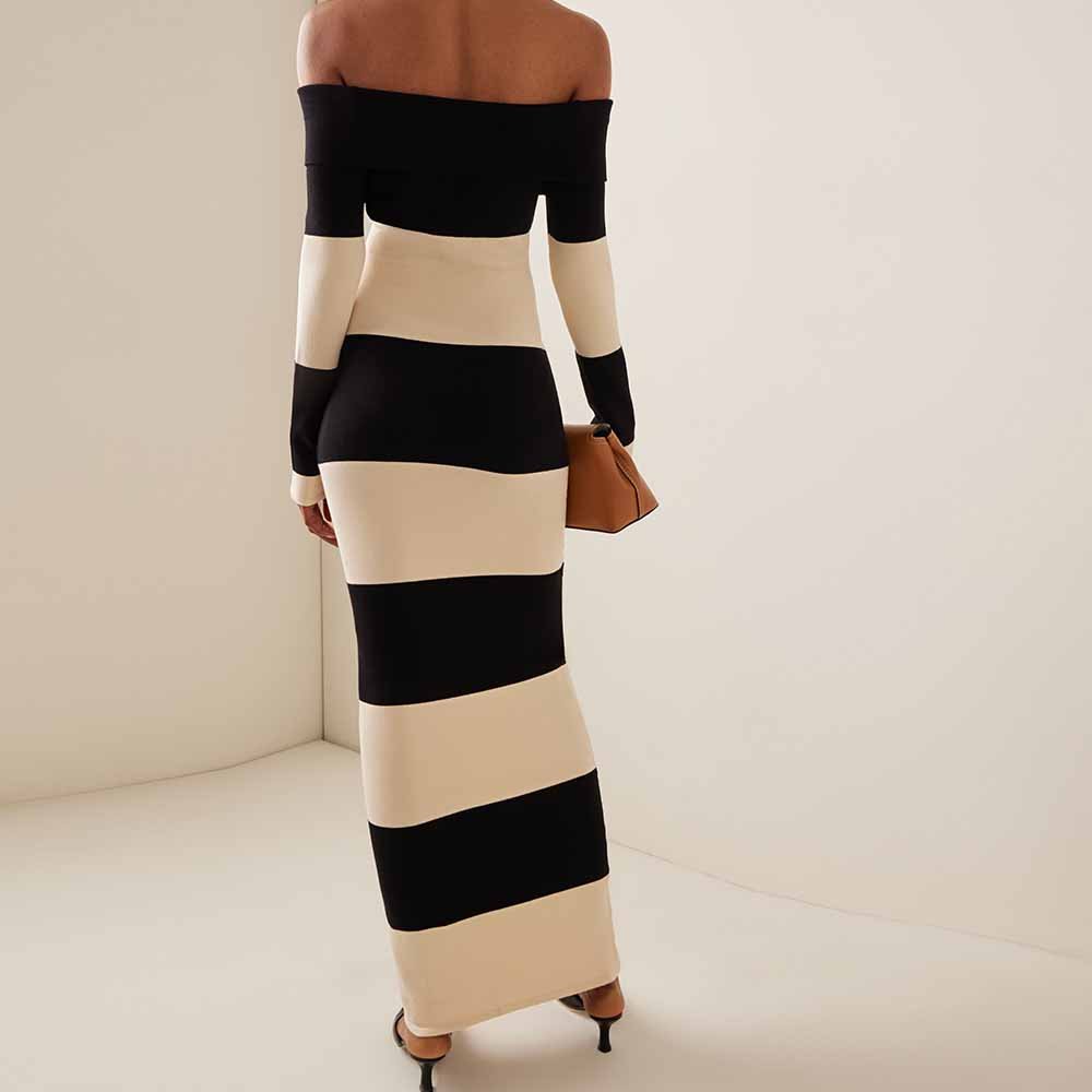 Knitwear Manufacturer Custom Autumn Winter elegant Long Sleeve Sweater dress Striped Pattern off Shoulder Knit Maxi Dress