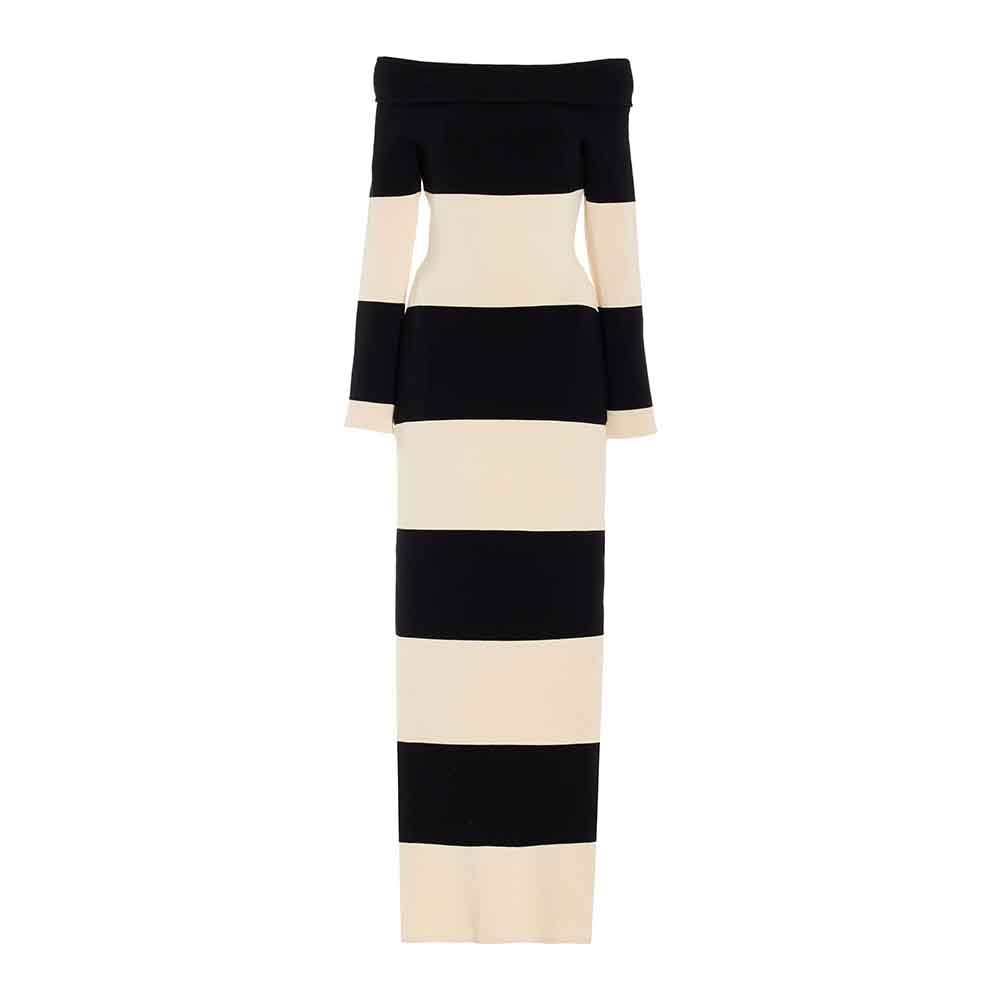 Knitwear Manufacturer Custom Autumn Winter elegant Long Sleeve Sweater dress Striped Pattern off Shoulder Knit Maxi Dress