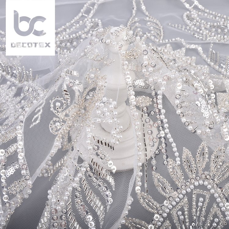 Custom design luxury white bridal fabric tulle embroidery beaded sequins mesh lace fabric for women dresses