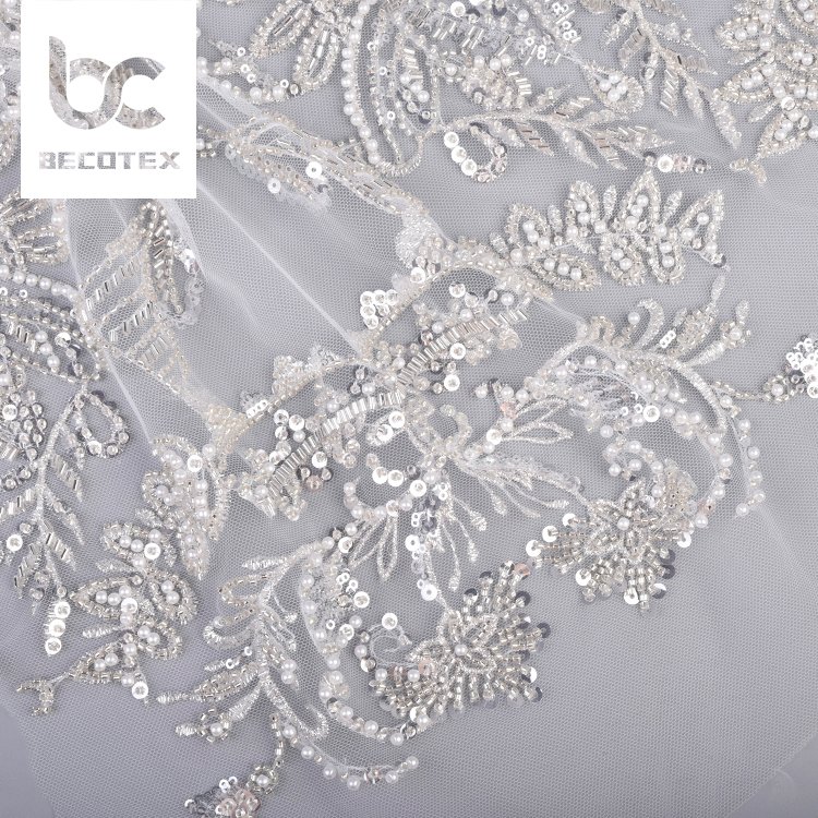 Custom design luxury white bridal fabric tulle embroidery beaded sequins mesh lace fabric for women dresses