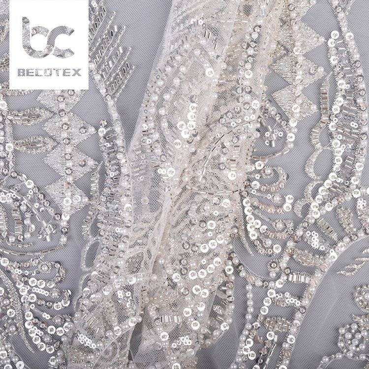 Custom design luxury white bridal fabric tulle embroidery beaded sequins mesh lace fabric for women dresses