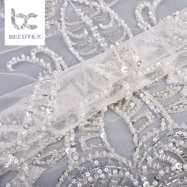 Custom design luxury white bridal fabric tulle embroidery beaded sequins mesh lace fabric for women dresses