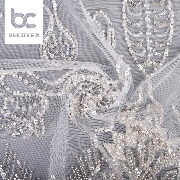 Custom design luxury white bridal fabric tulle embroidery beaded sequins mesh lace fabric for women dresses