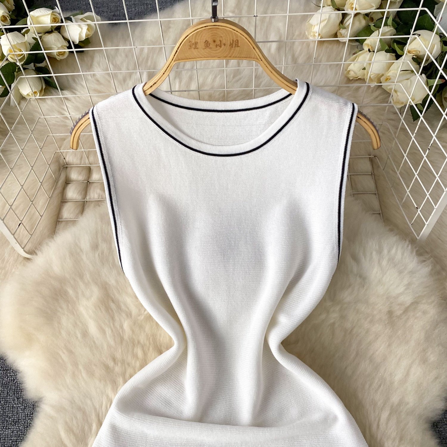 2024 Newest Summer O-Neck Tunic Knit Midi Dress For Women Sleeveless Empire Fringe Lace Striped Knit Dress Black White