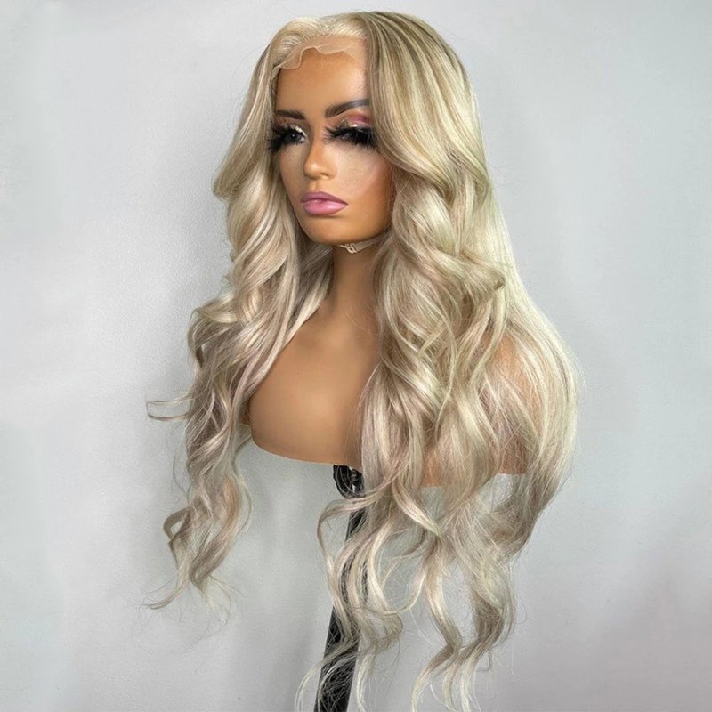 100% Human Hair Virgin French Swiss Lace Glueless Highlights Blonde Color Body Wave HD Lace Frontal Wigs With Baby Hair