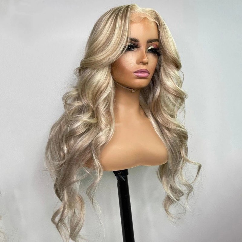 100% Human Hair Virgin French Swiss Lace Glueless Highlights Blonde Color Body Wave HD Lace Frontal Wigs With Baby Hair