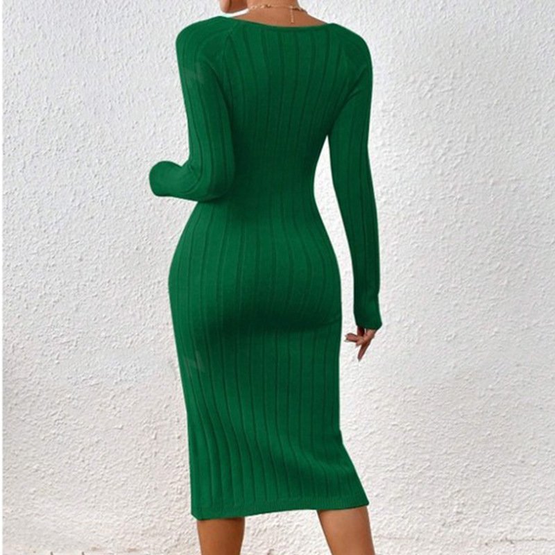 knitwear custom fall winter knit elegantly formal dresses square neck ribbed fitted mini long sleeve sweater dress
