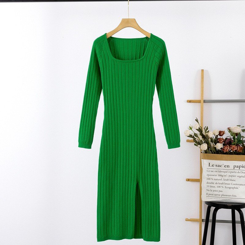 knitwear custom fall winter knit elegantly formal dresses square neck ribbed fitted mini long sleeve sweater dress