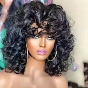 Very Full Glueless Lace Black Women's Bob Wig-Natural Color Body Wave Machine Made Peruvian Human Hair Transparent Lace