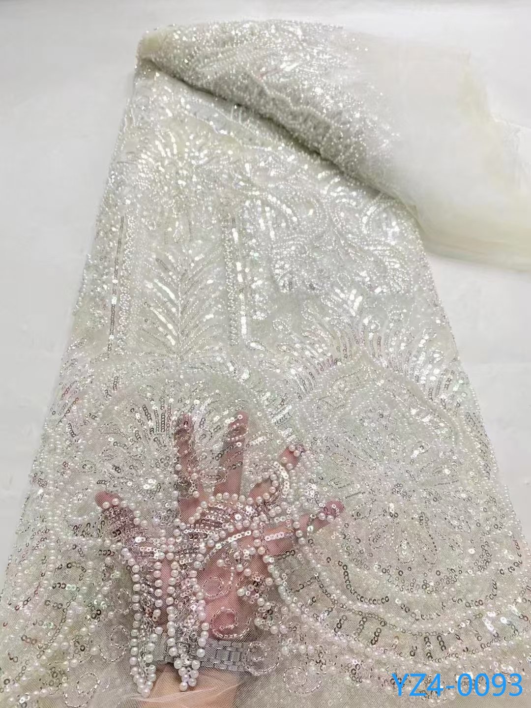 Wholesale High Quality Bridal Lace Fabric Sequin Beaded Pearl Embroidery Lace Fabric White Color Embroidery Beads Lace Fabric