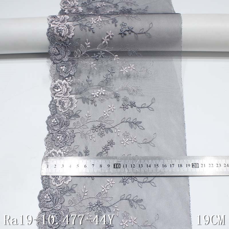 19cm Polyester Mesh Embroidery Lace Silver Grey Flower Embroidered Tulle Lace fabric