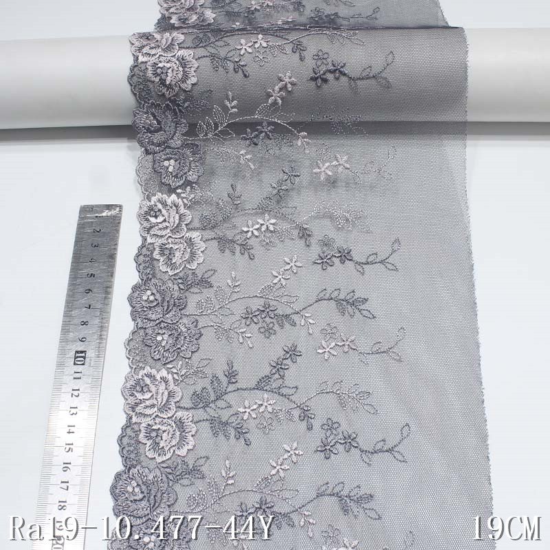 19cm Polyester Mesh Embroidery Lace Silver Grey Flower Embroidered Tulle Lace fabric