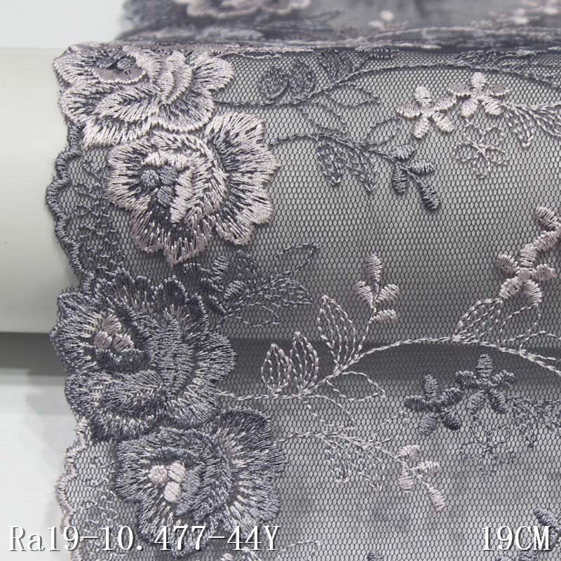 19cm Polyester Mesh Embroidery Lace Silver Grey Flower Embroidered Tulle Lace fabric