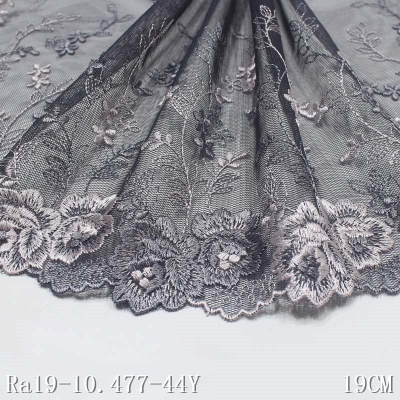 19cm Polyester Mesh Embroidery Lace Silver Grey Flower Embroidered Tulle Lace fabric