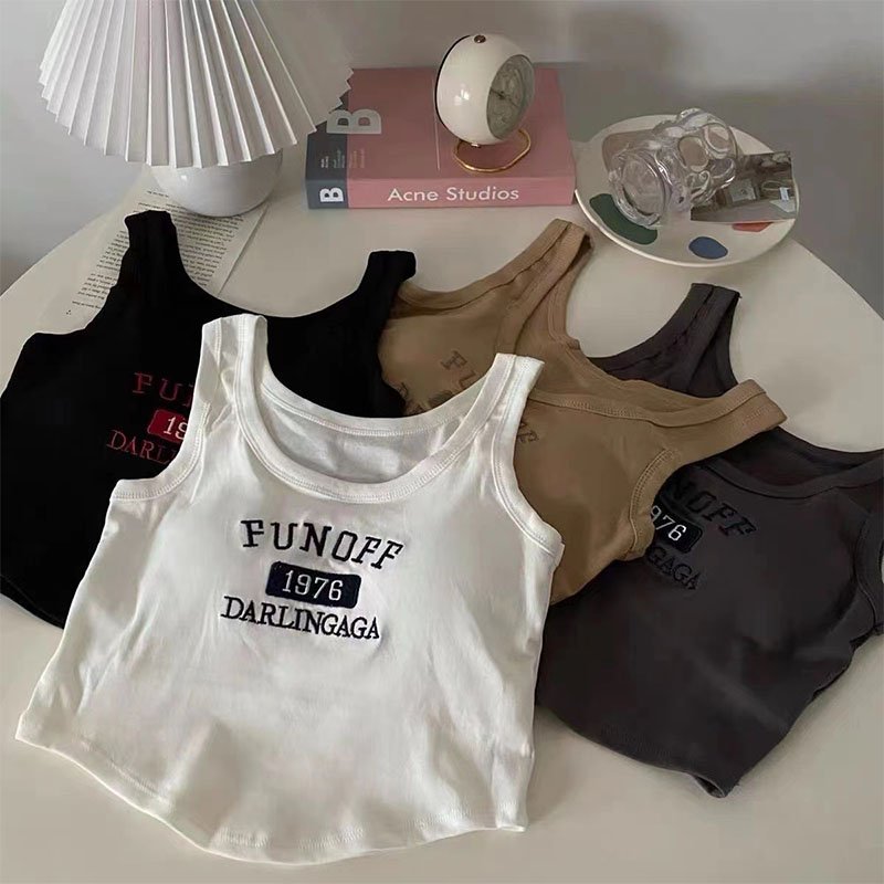 custom printing Logo ladies white ribbed embroidery crop top women cotton tank tops