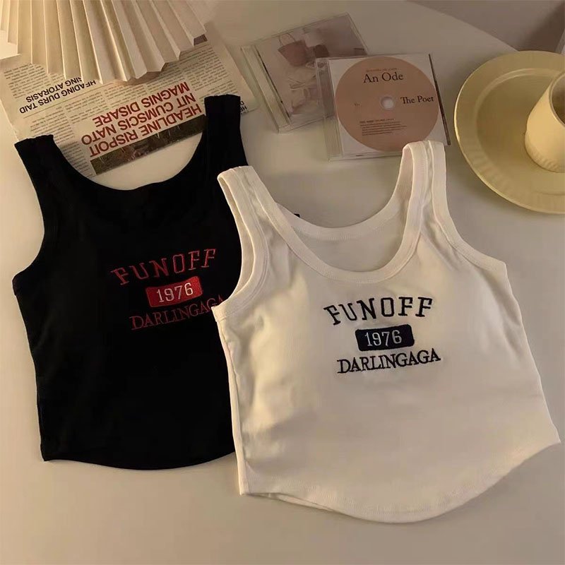 custom printing Logo ladies white ribbed embroidery crop top women cotton tank tops