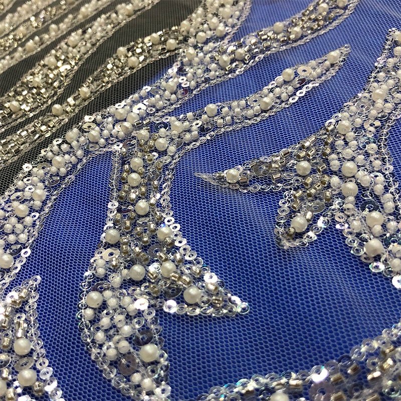 Beads Wedding Wholesale Sequined Bridal Tulle Sequin White Heavy Beaded Lace Fabric