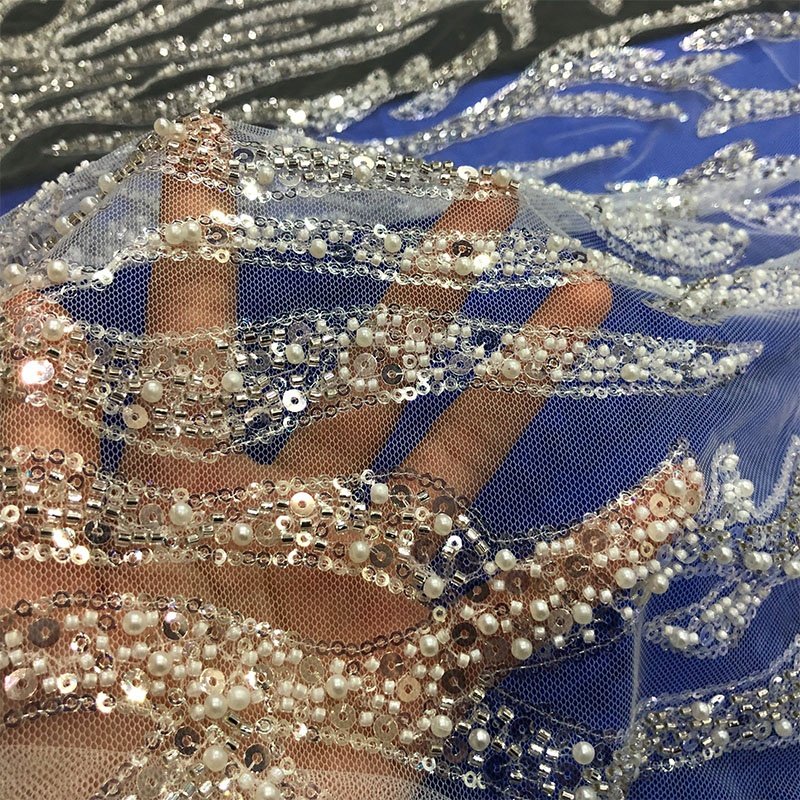 Beads Wedding Wholesale Sequined Bridal Tulle Sequin White Heavy Beaded Lace Fabric