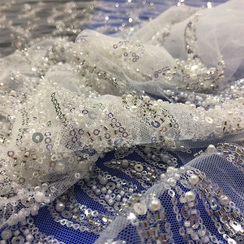 Beads Wedding Wholesale Sequined Bridal Tulle Sequin White Heavy Beaded Lace Fabric