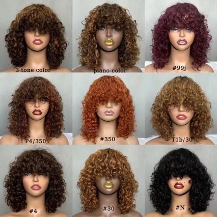 Brazilian 100% Human Hair Hight Density Fringe Short Curly Bob Water Wave Bang Wig Lace Frontal 14 Inch All Colors Best Prices