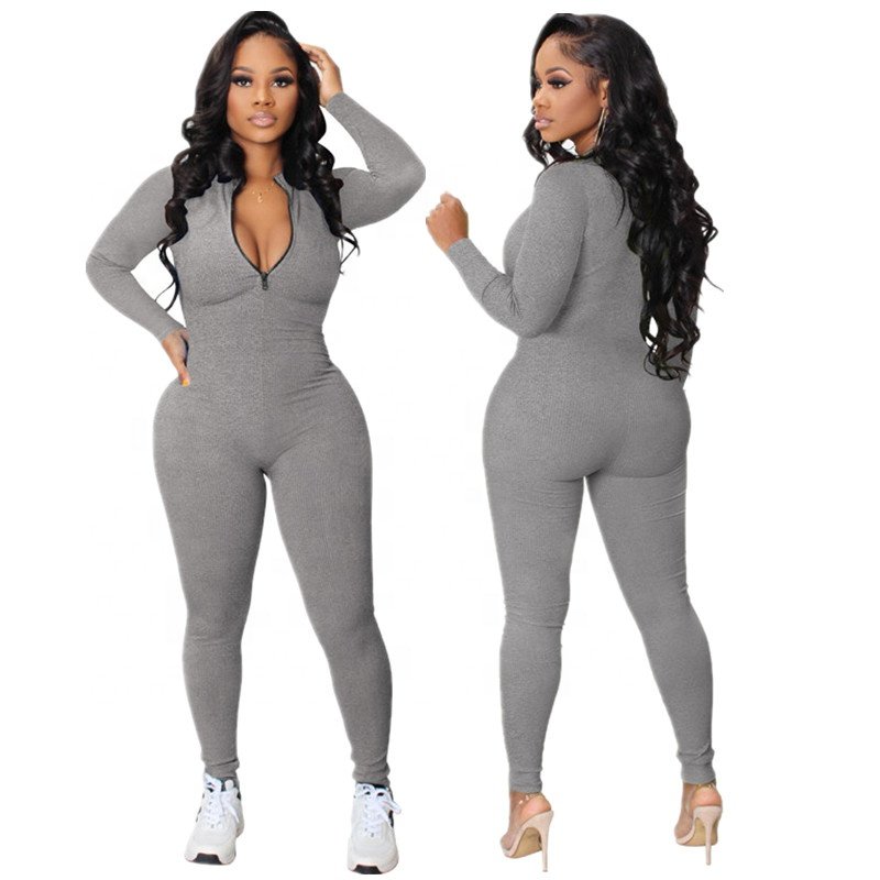 Custom Pants Bodycon Jumpsuits For Women Sport Jumpsuit Plus Size Zipper Workout Ribbed Jumpsuit Playsuits Bodysuit