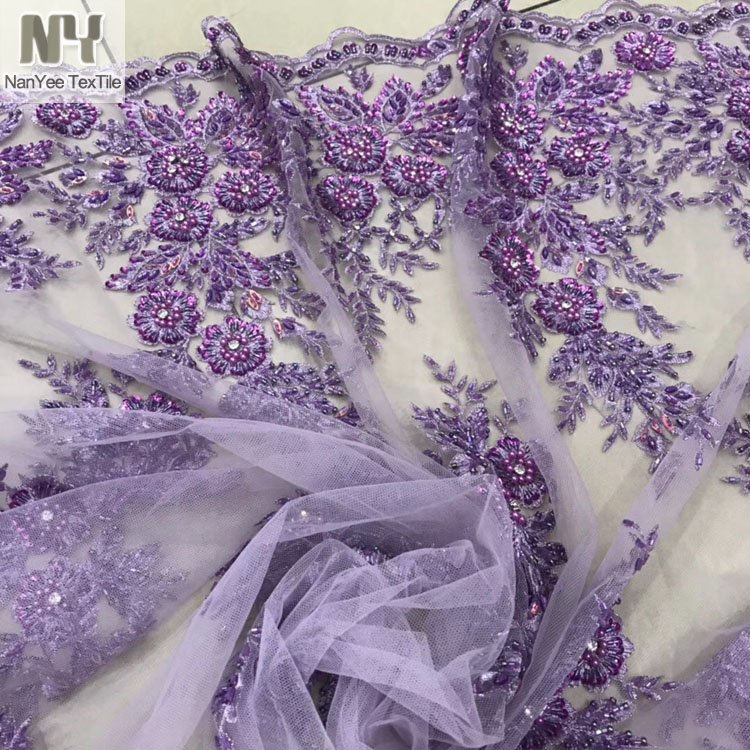 Nanyee Textile Stock Retail Hand Made Beads Sequin Embroidery Fabric For Wedding Bridal