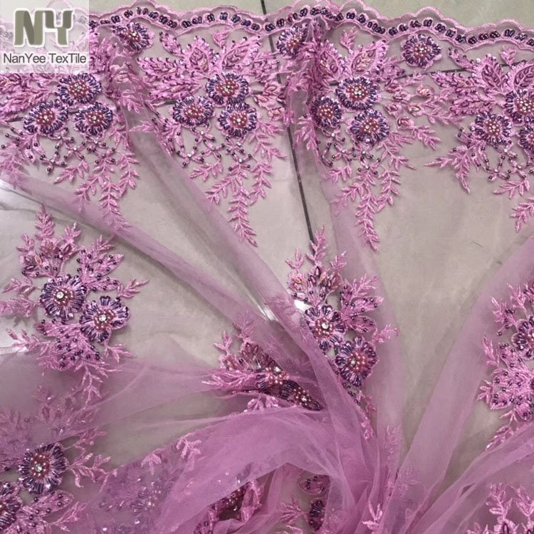 Nanyee Textile Stock Retail Hand Made Beads Sequin Embroidery Fabric For Wedding Bridal