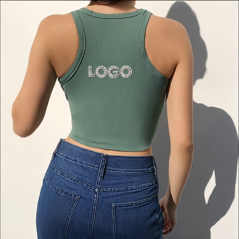 High quality custom rhinestone design knitted crop tank tops sleeveless o-neck flexible slim tank top Women