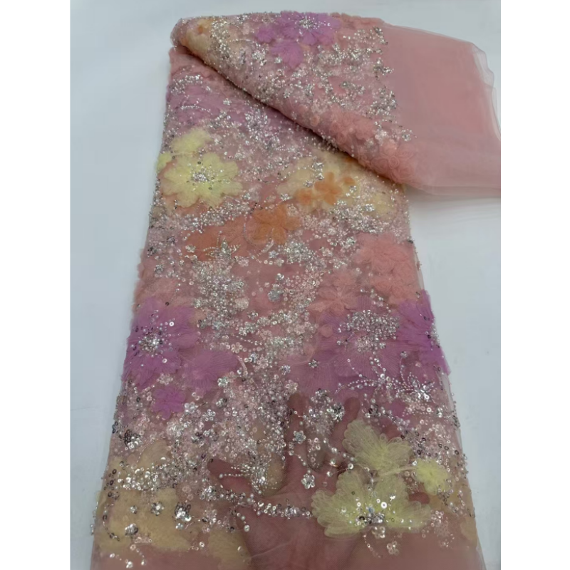 YZ Embroidery Luxury party supplies Colorful wedding lace High quality Sequins beads fabrics for evening dress Embroidery fabric
